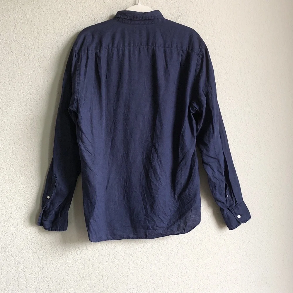 J Crew Mens 100% Linen Shirt Button Front Long Sleeve Navy Blue Large
